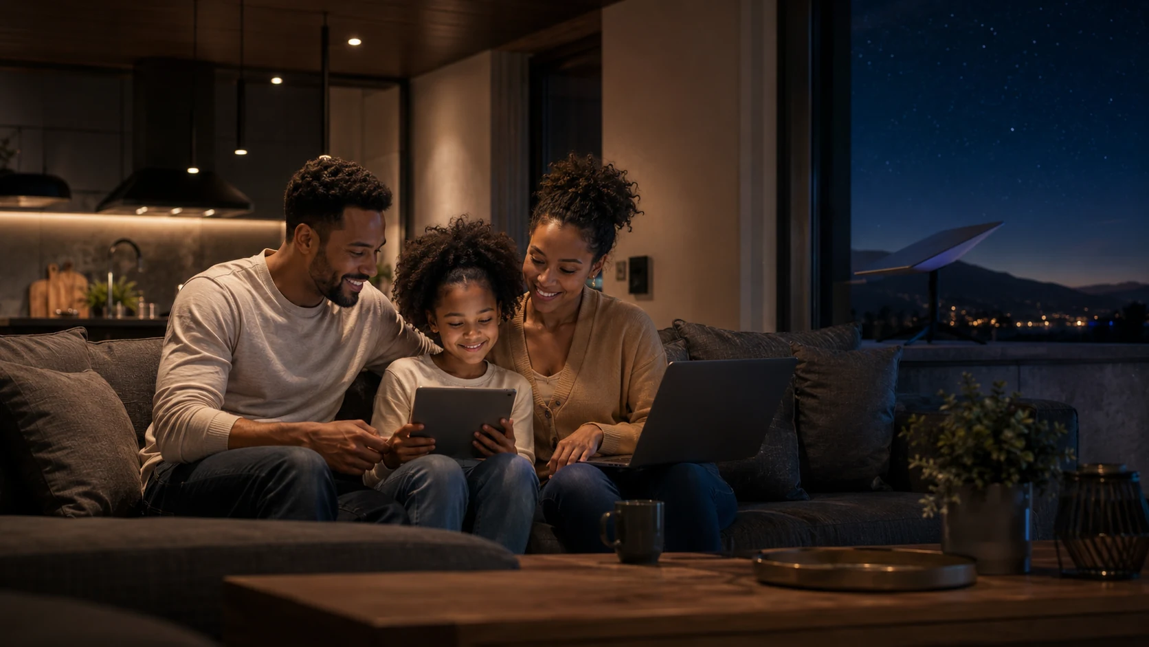 Family relaxing at home while using connected devices