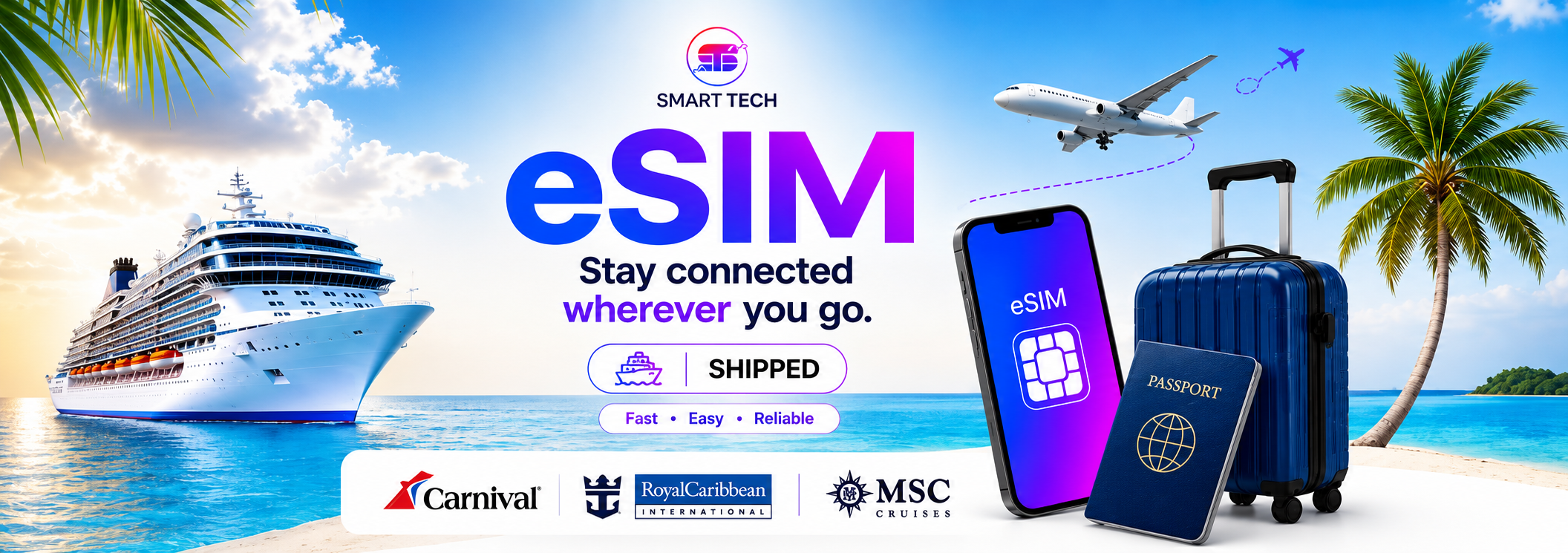 Smart Tech eSIM travel connectivity with cruise ship, phone, passport and luggage